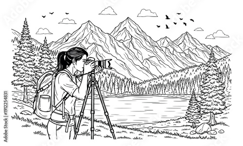 Hand drawn line art illustration of a female photographer depicting taking pictures in the mountains for nature travel