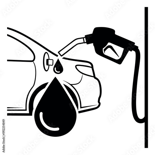 Graphic line art illustration of a car being refueled depicting a fuel drop and gas pump for energy and transportation concepts