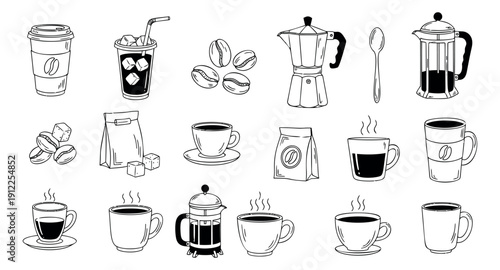 Hand drawn line art coffee icons set featuring various coffee cups, pots, and beans for cafes, menus, or breakfast designs