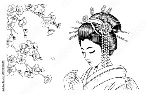 Hand drawn line art illustration of a geisha depicting traditional beauty with cherry blossoms for Asian cultural themes