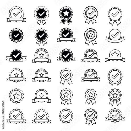 Line art quality badge set featuring checkmarks, stars, and ribbons for approval and guarantee