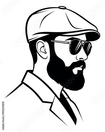 Line art illustration of a stylish bearded man depicting a profile view with a flat cap and sunglasses for fashion and lifestyle