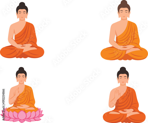 Four Buddhist statues meditating in lotus position with serene expressions