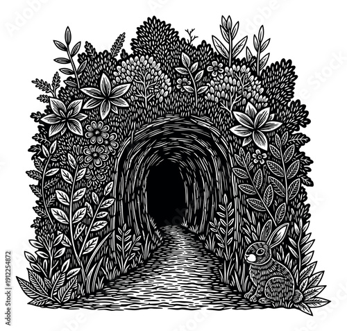 Hand drawn illustration of a mysterious forest tunnel depicting a rabbit waiting by an entrance for fantasy tales