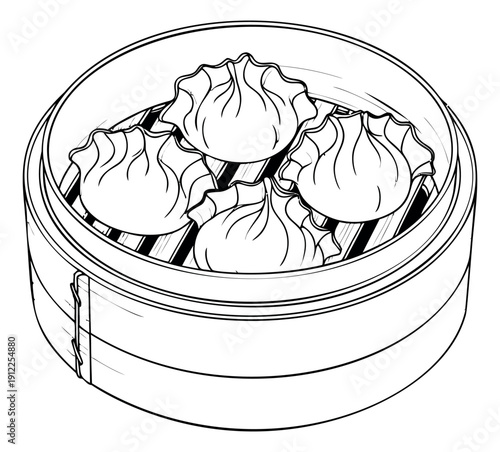Hand drawn line art illustration of dim sum depicting steaming dumplings for asian cuisine