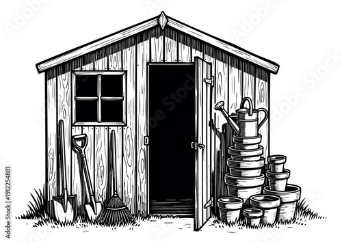 Vintage hand drawn line art garden shed set featuring gardening tools and terracotta pots for outdoor home projects