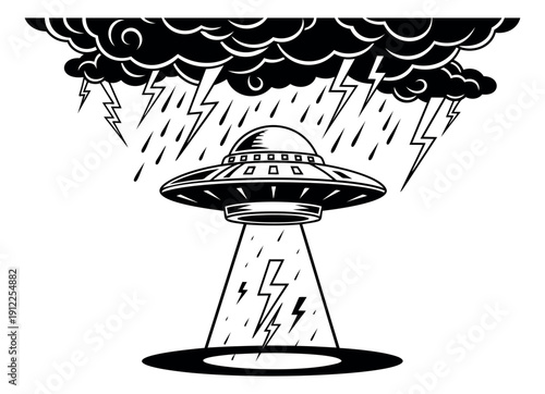 Retro black and white line art illustration of a flying saucer depicting a stormy sky with a lightning beam for science fiction themes