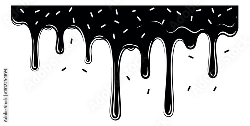 Line art illustration of dripping glaze with sprinkles depicting a sweet topping design for confectionery graphics