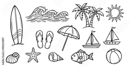 Hand drawn line art summer beach elements set featuring surfboards, waves, palm trees, and marine life for holiday designs