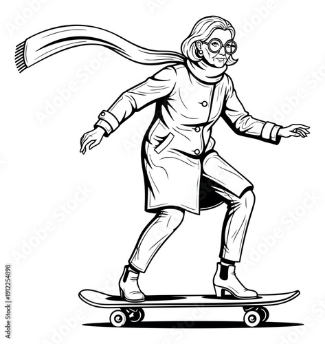 Line art illustration of a senior woman depicting her riding a skateboard for an active lifestyle