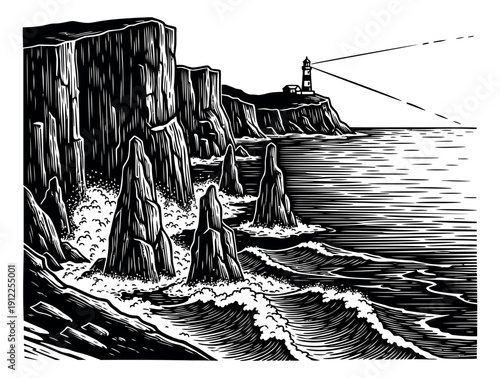 Woodcut style illustration of a coastal landscape depicting a lighthouse on cliffs with crashing waves for nautical themes