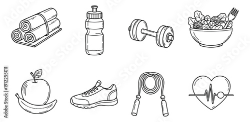 Hand drawn line art health and fitness icon set featuring gym equipment, healthy food, and wellness elements for a balanced lifestyle
