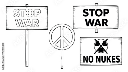 Line art protest signs set featuring messages of 'stop war' and 'no nukes' alongside a peace symbol for anti-war activism