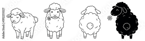 Cute line art and silhouette sheep set featuring a black sheep and white sheep in various poses for farm animal and kids' illustrations