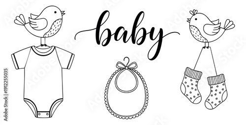 Hand drawn line art baby set featuring baby birds, a bodysuit, bib, socks, and "baby" lettering for newborn designs