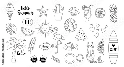 Hand drawn line art summer elements set featuring beach, tropical, and vacation-themed objects for seasonal design and summer projects