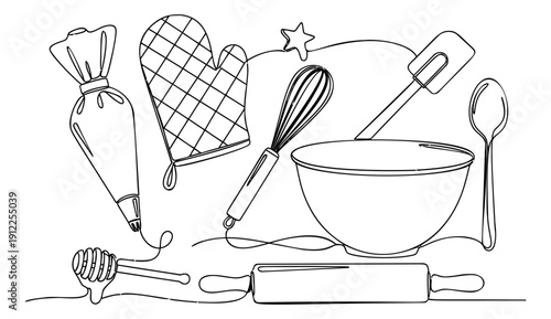Continuous line art baking tools set featuring a piping bag, oven mitt, whisk, bowl, and rolling pin for home cooking