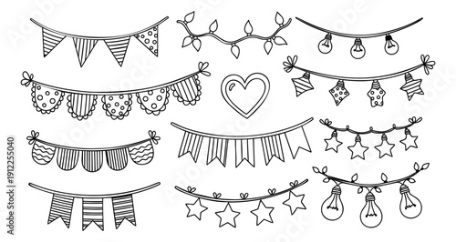 Hand drawn line art decoration set featuring garlands, string lights, and a heart for celebrations and events
