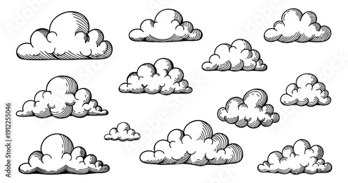 Hand drawn line art clouds set featuring various fluffy shapes for weather design
