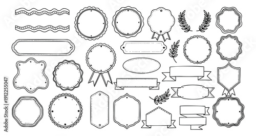 Hand drawn line art frame and ribbon set featuring decorative badges and laurel wreaths for design