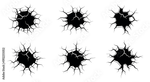 Hand drawn line art crack hole set featuring six unique shattered wall effects for grungy design and damage visualization