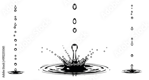 Line art water elements set featuring falling drops, ripple effects, and a detailed splash crown for abstract design