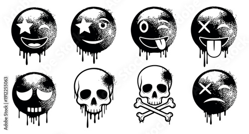 Grunge graffiti emojis and skulls set featuring dripping paint effects for street art design