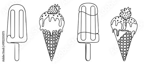 Hand drawn line art frozen treats set featuring popsicles and ice cream cones for summer dessert menus