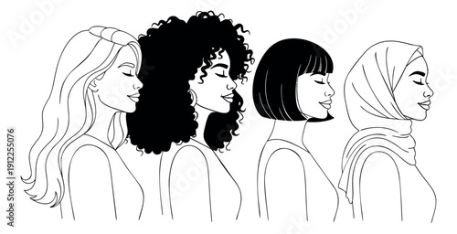 Line art women set featuring diverse women with different hairstyles and a hijab for themes of beauty and inclusivity