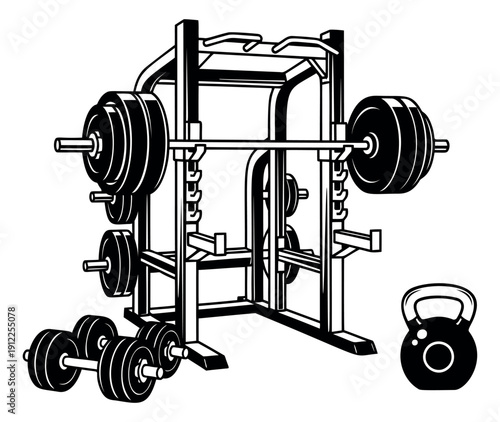 Line art gym equipment set featuring a power rack, barbell, dumbbells, and a kettlebell for strength training and fitness activities