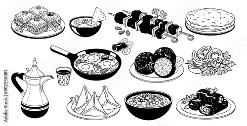 Hand drawn line art Middle Eastern food set featuring baklava, falafel, kebab, shakshuka, ful medames, and a dallah coffee pot for culinary publications or cultural illustrations