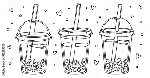 Hand drawn line art bubble tea set featuring plastic cups with straws and boba for refreshing drinks