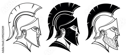 Graphic style spartan warrior head set featuring clean lines, silhouettes, and bearded profiles for historical, ancient, or mythological concepts