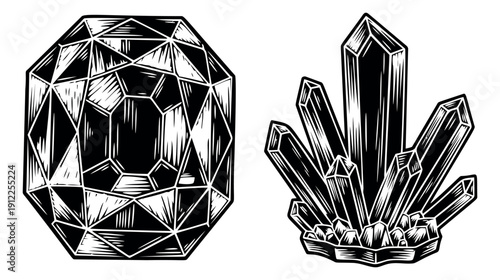 Hand drawn line art mineral set featuring a faceted gemstone and a crystal cluster for decorative designs