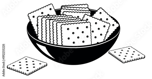 Black and white line art snack set featuring crackers in a bowl for food and menu designs