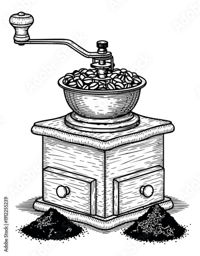 Hand drawn line art illustration of a coffee grinder depicting coffee beans and ground coffee for coffee preparation