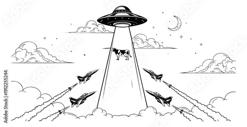 Line art illustration of a UFO abducting a cow depicting fighter jets attacking for an alien invasion concept