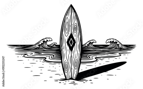 Line art illustration of a surfboard and waves depicting a summer beach scene for outdoor recreation