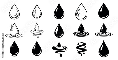 Modern water drop icons set featuring line art and solid shapes with ripple effects for purity, hydration, and environmental themes