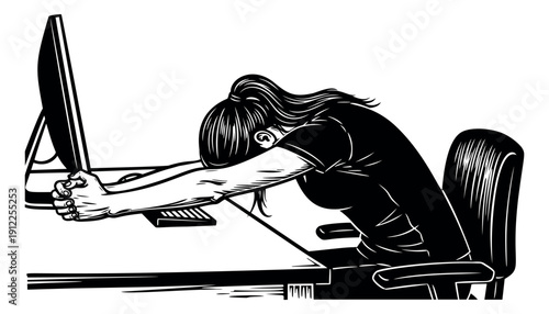 Woodcut style illustration of a woman depicting burnout for work stress