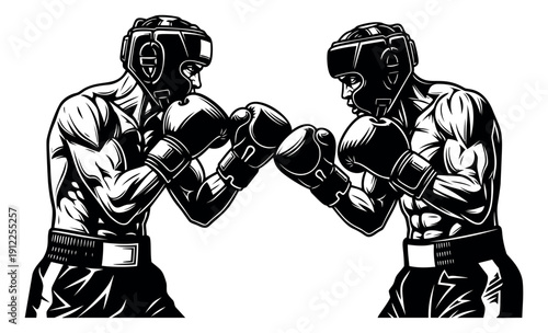 Line art illustration of two boxers depicting them in a fighting stance for sports competition designs