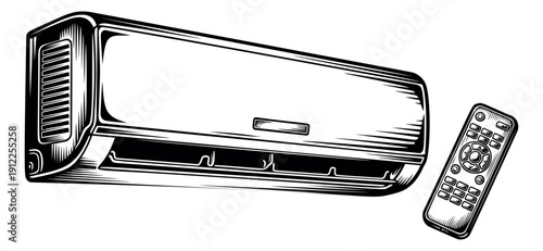 Hand drawn air conditioner set featuring an indoor unit and a remote control for climate control