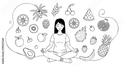 Hand drawn line art illustration of a woman meditating surrounded by various fruits for a healthy lifestyle and wellbeing
