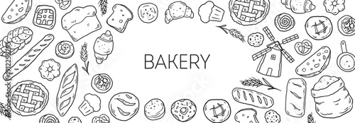 Hand drawn bakery sketch frame in simple minimal line art style. Top view composition with assorted pastries, bread, flour bag and vintage windmill. Doodle vector  illustration