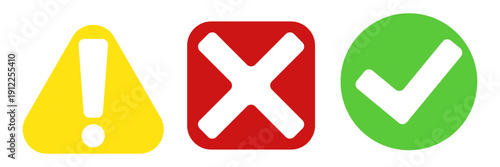 Vector flat informative icons set with yellow exclamation triangle, red error square, and green check mark circle.