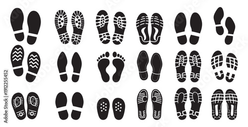 human barefoot and shoe footprints icons set in black and white silhouette style vector illustration,  walking footsteps and shoe sole prints collection in minimal flat style vector illustration