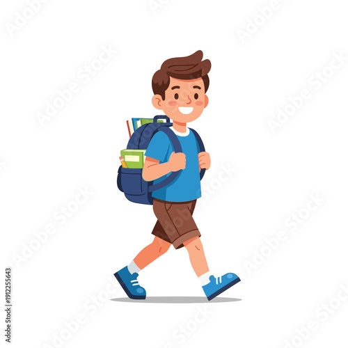 A smiling young boy cheerfully walks to school with a backpack