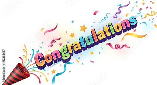 Vibrant digital congratulations banner with party horn and streamers