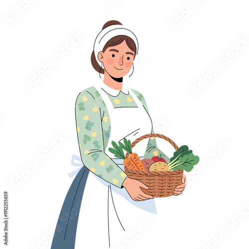Illustration of a woman holding a basket brimming with fresh produce