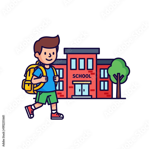 A young boy walks to school with a backpack on his shoulders